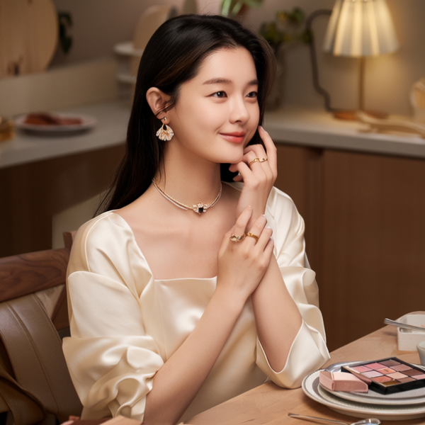 生活瞬间，美女，韩系美女，丝绸，美妆广告，家庭餐桌，4K超清，写实风格，温馨，柔和室内光，细腻皮肤，项链，耳环，手链。